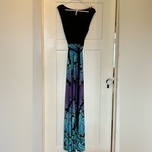 Long maxi dress. Black w/ purple blue and teal floral. Super soft and stretchy.